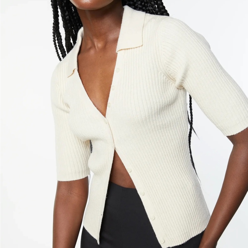 Oak + Fort Rib Knit Collared Button Up in Small Whitecap Grey